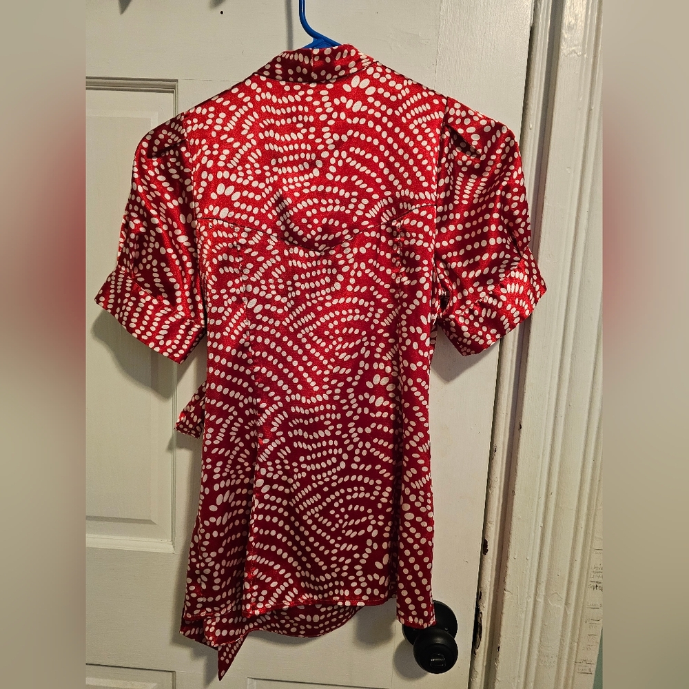 BCBGMaxAzria Red and White Polka Dot Wrap Blouse - Picture 2 of 5